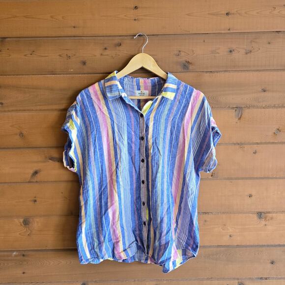 Marine Layer Dana Short Sleeve Shirt Blue Variegated Stripe Large Button Top - Picture 2 of 6